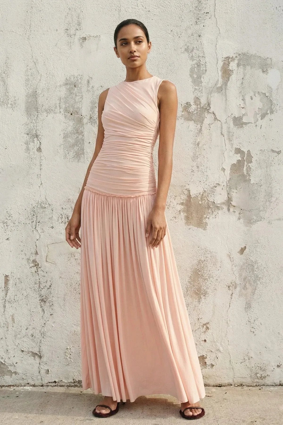 Elegant Halter Neck Ruched Tie-Back Pleated Maxi Dress