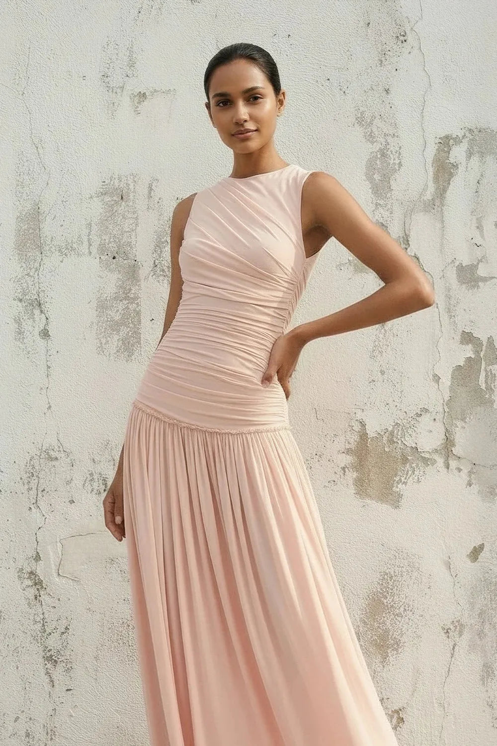 Elegant Halter Neck Ruched Tie-Back Pleated Maxi Dress