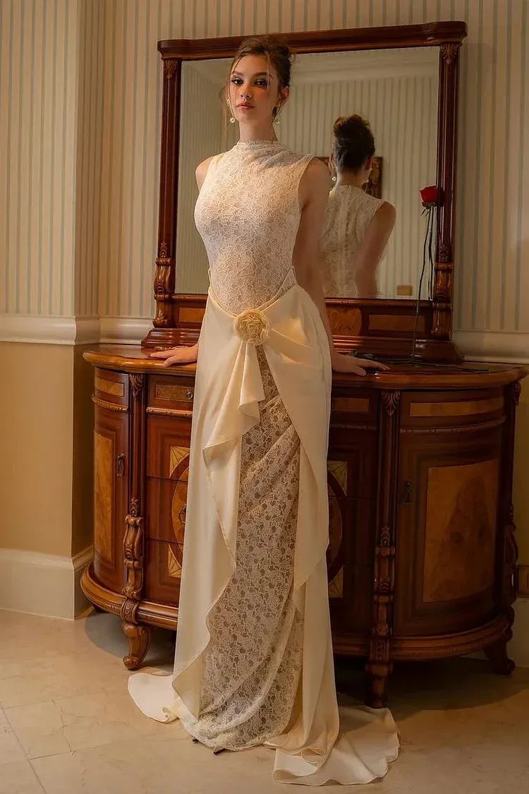 Elegant High Neck Lace Applique Draped Satin Sheath Wedding Dress with Train