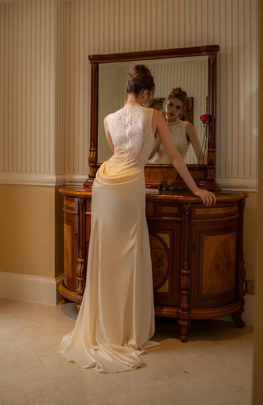 Elegant High Neck Lace Applique Draped Satin Sheath Wedding Dress with Train
