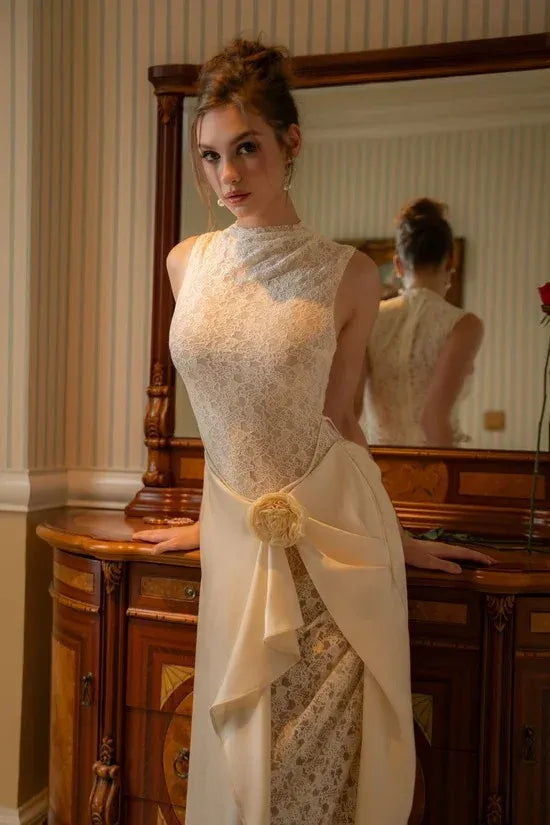 Elegant High Neck Lace Applique Draped Satin Sheath Wedding Dress with Train