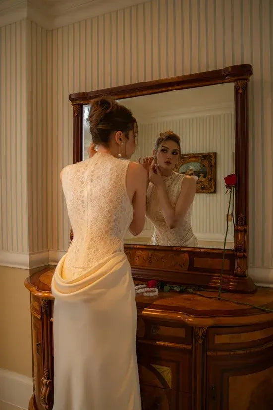 Elegant High Neck Lace Applique Draped Satin Sheath Wedding Dress with Train
