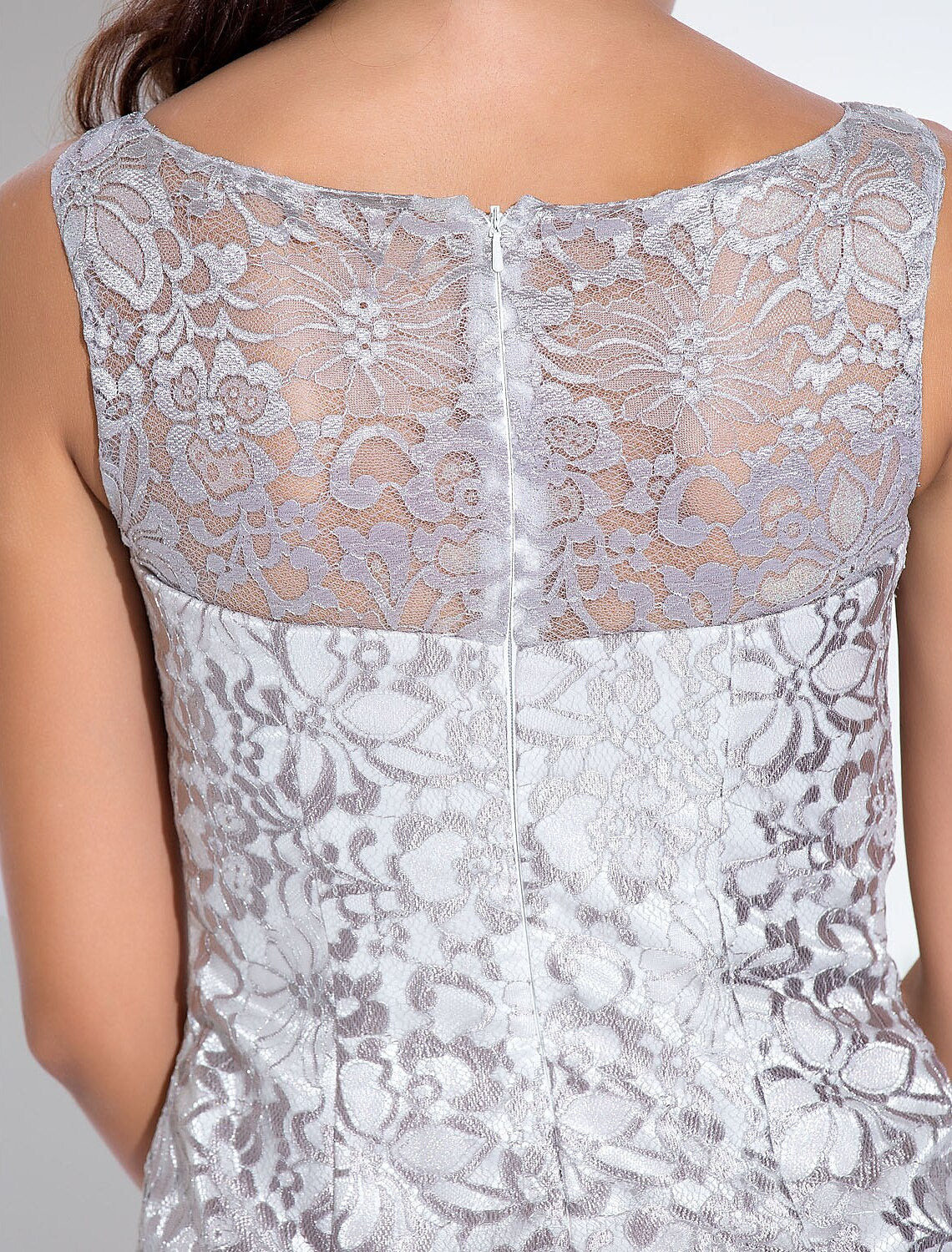 Detailed view of the stretch satin fabric and lace insert of the Weitese dress.