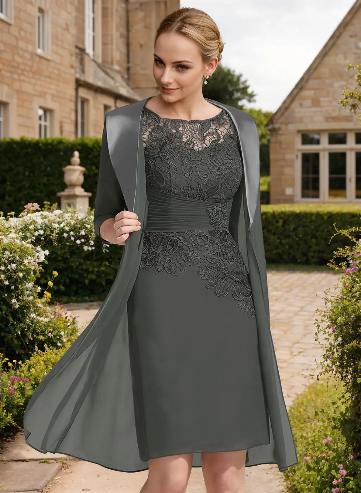 Elegant Knee-Length Lace Chiffon Mother of the Bride Dress with Matching Jacket