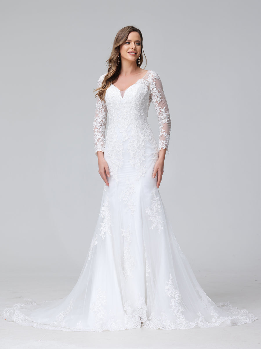 Side view of the elegant V-neck lace wedding gown.