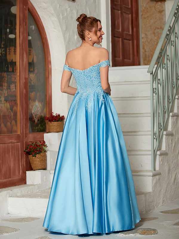 Back view of light blue satin lace prom dress with train.