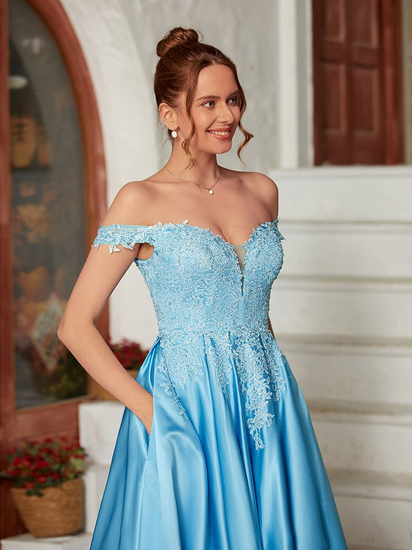 Model wearing a light blue off-shoulder satin lace floor-length gown.