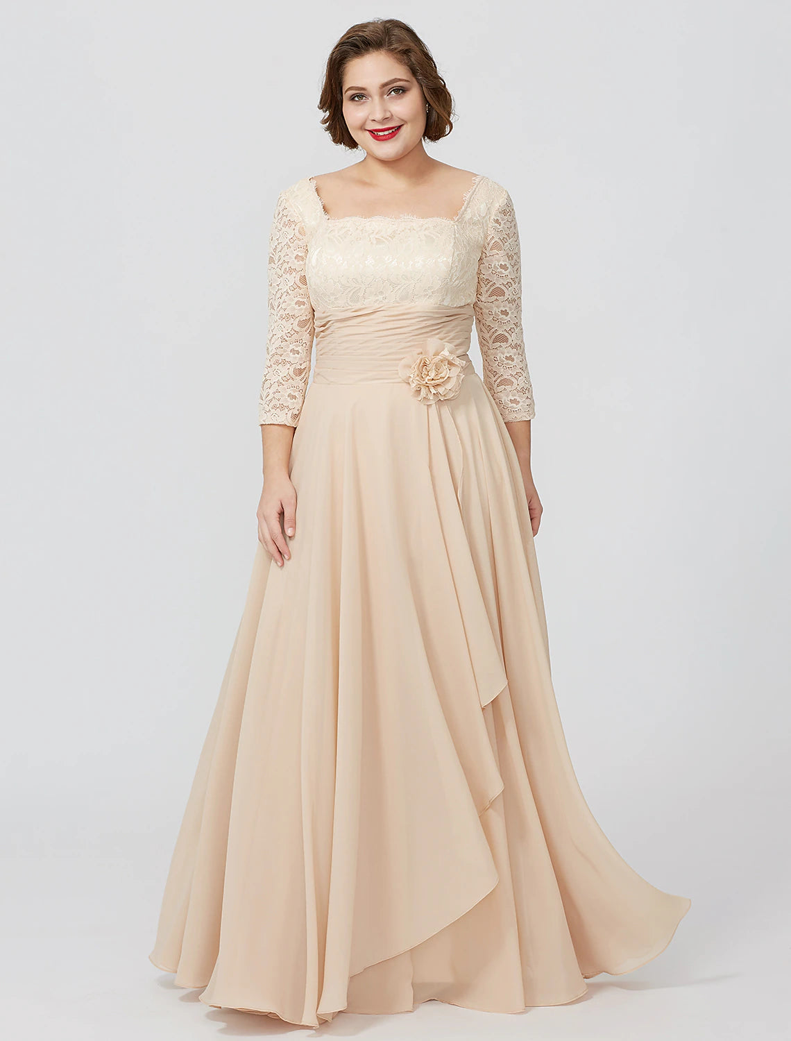 Elegant light blue sheath column Mother of the Bride dress with square neck and 3/4 sleeves.