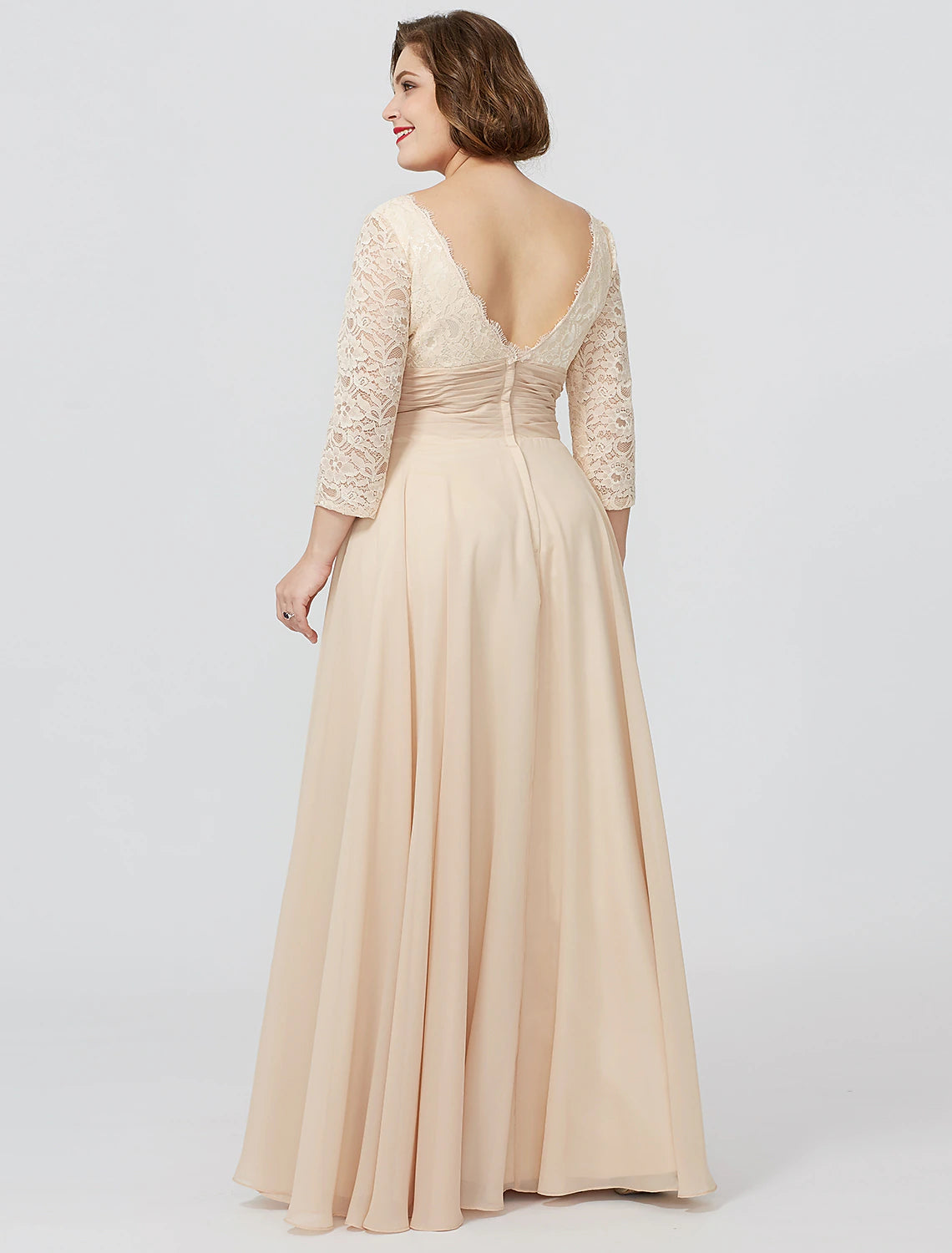 Side view of the light blue chiffon lace Mother of the Bride gown.