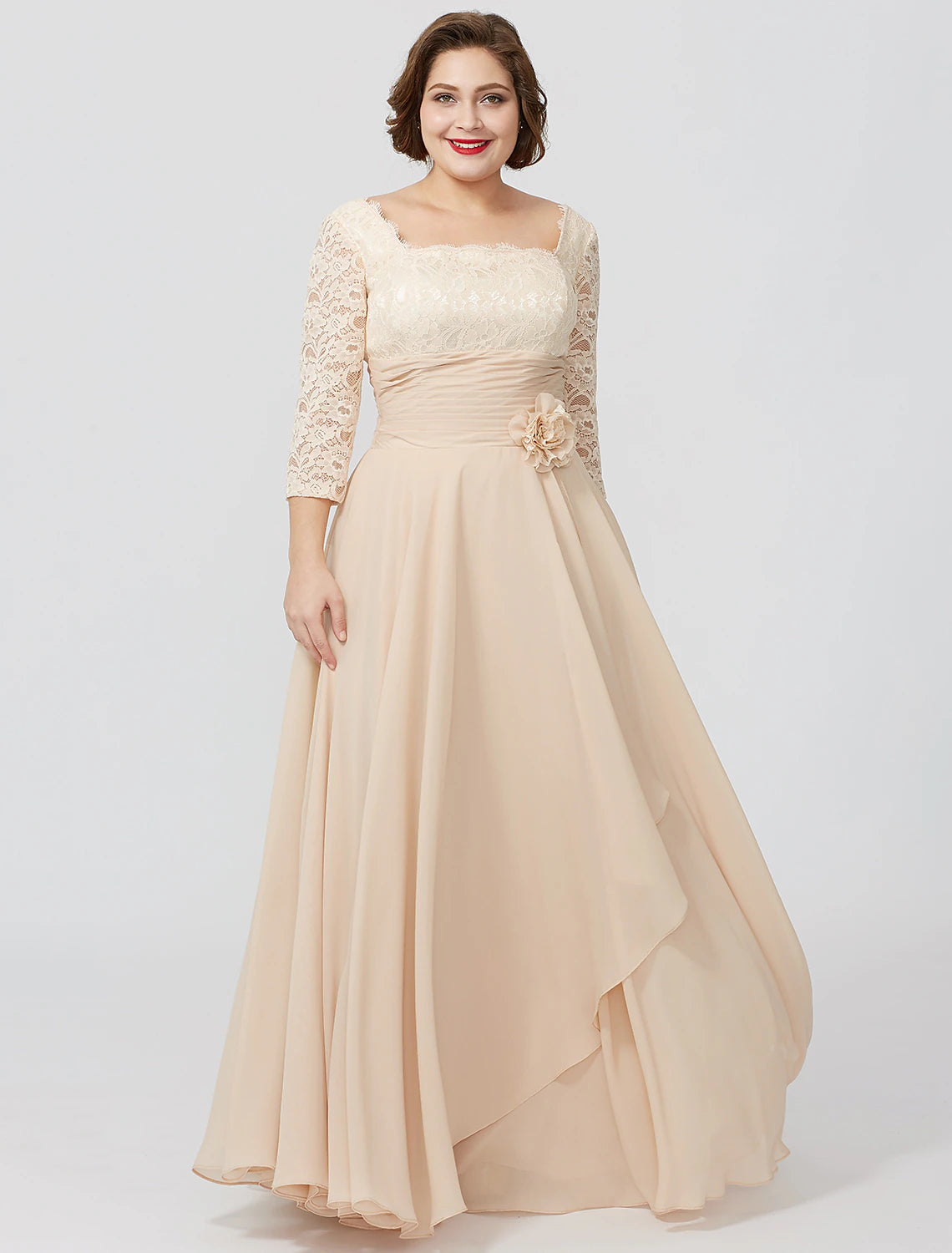 Close-up of the square neckline and 3/4 lace sleeves on the light blue dress.