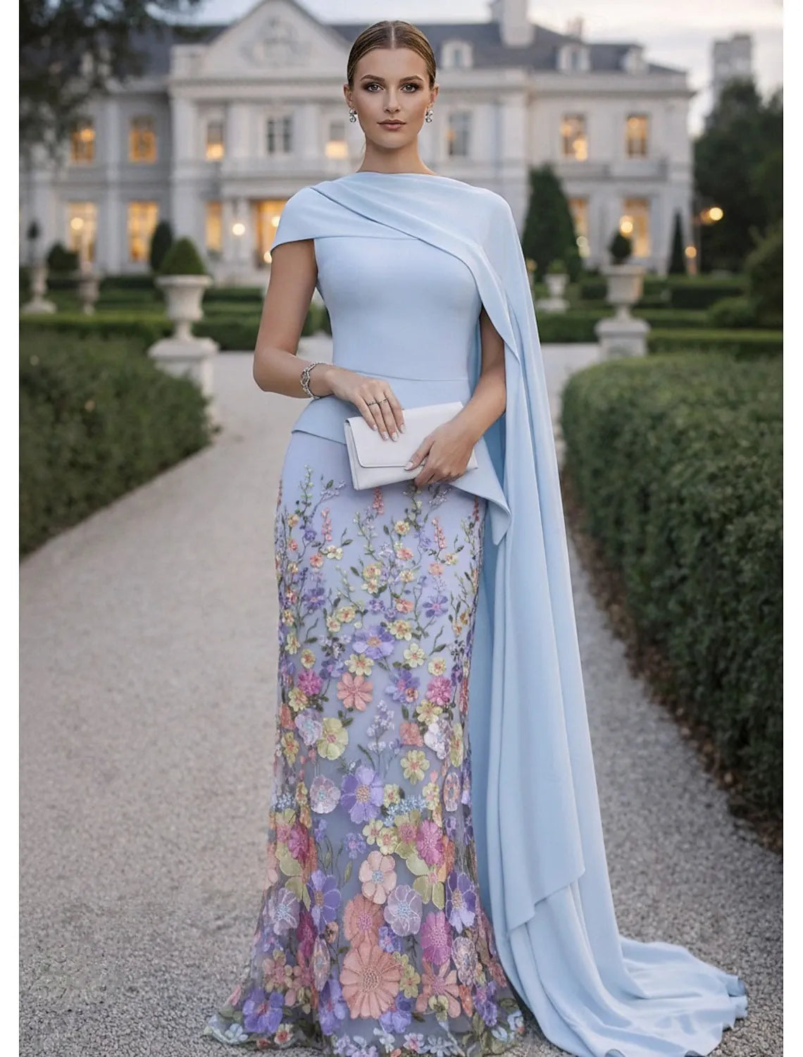 Elegant Mermaid Asymmetric Cape Sleeve Maxi Floral Dress