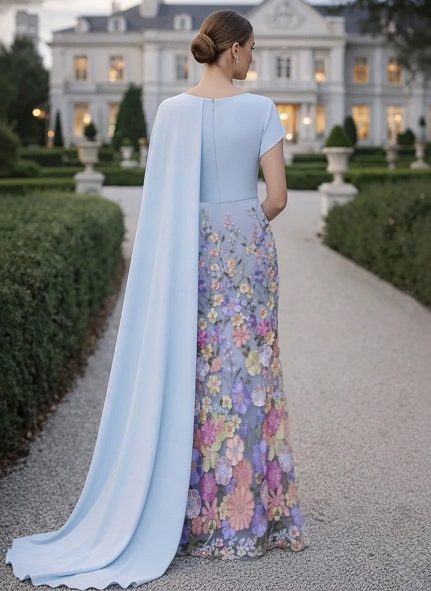 Elegant Mermaid Asymmetric Cape Sleeve Maxi Floral Dress