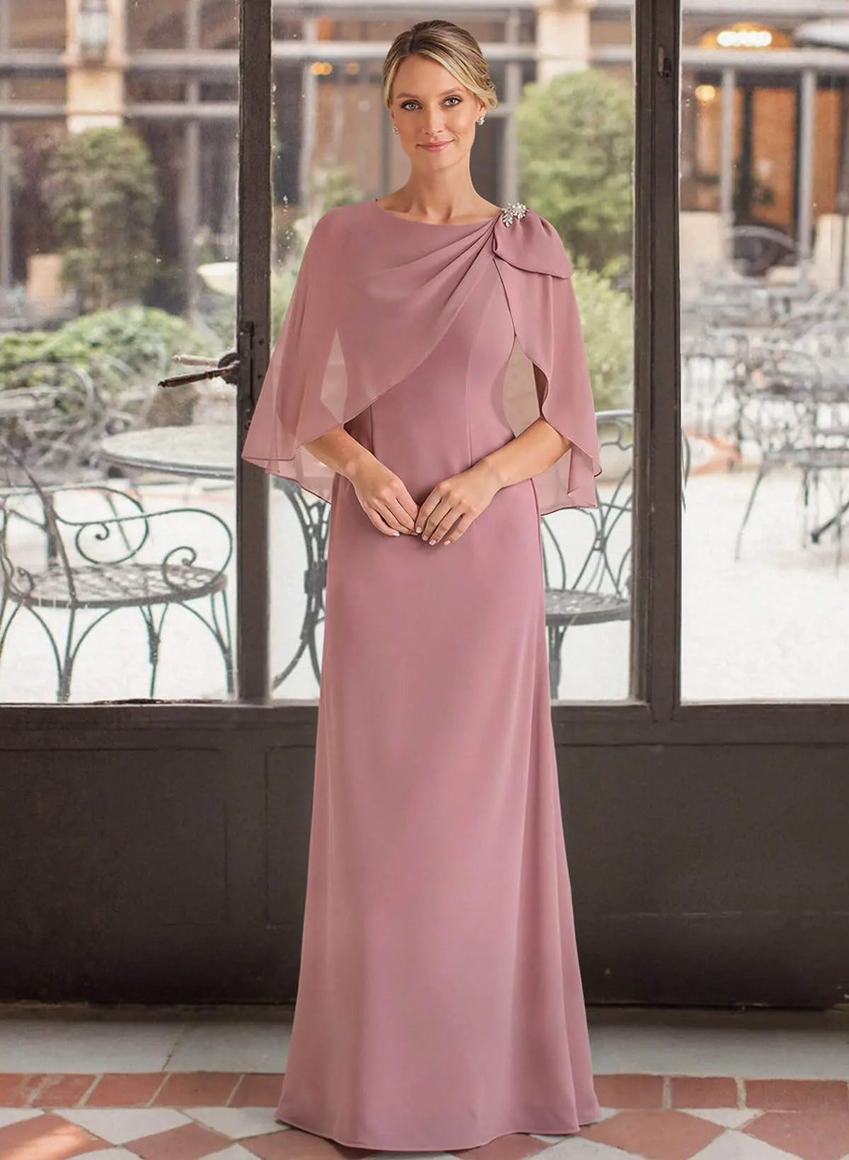 Elegant Mermaid Boat Neck Capelet Dusty Rose Chiffon Mother of the Bride Dress