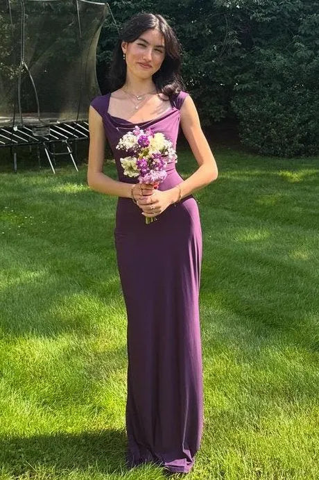 Elegant Mermaid Cowl Neck Cap Sleeve Ruched Satin Maxi Dress