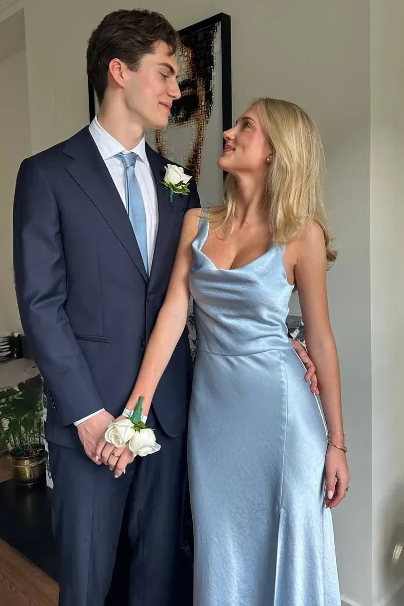Elegant Mermaid Cowl Neck Wide Strap Satin Maxi Dress