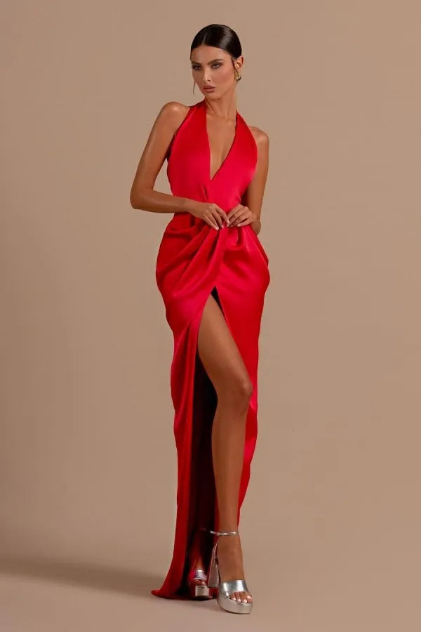 Elegant Mermaid Halter Neck Backless Ruched Satin Maxi Dress With Slit & Train