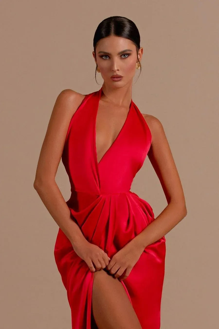 Elegant Mermaid Halter Neck Backless Ruched Satin Maxi Dress With Slit & Train