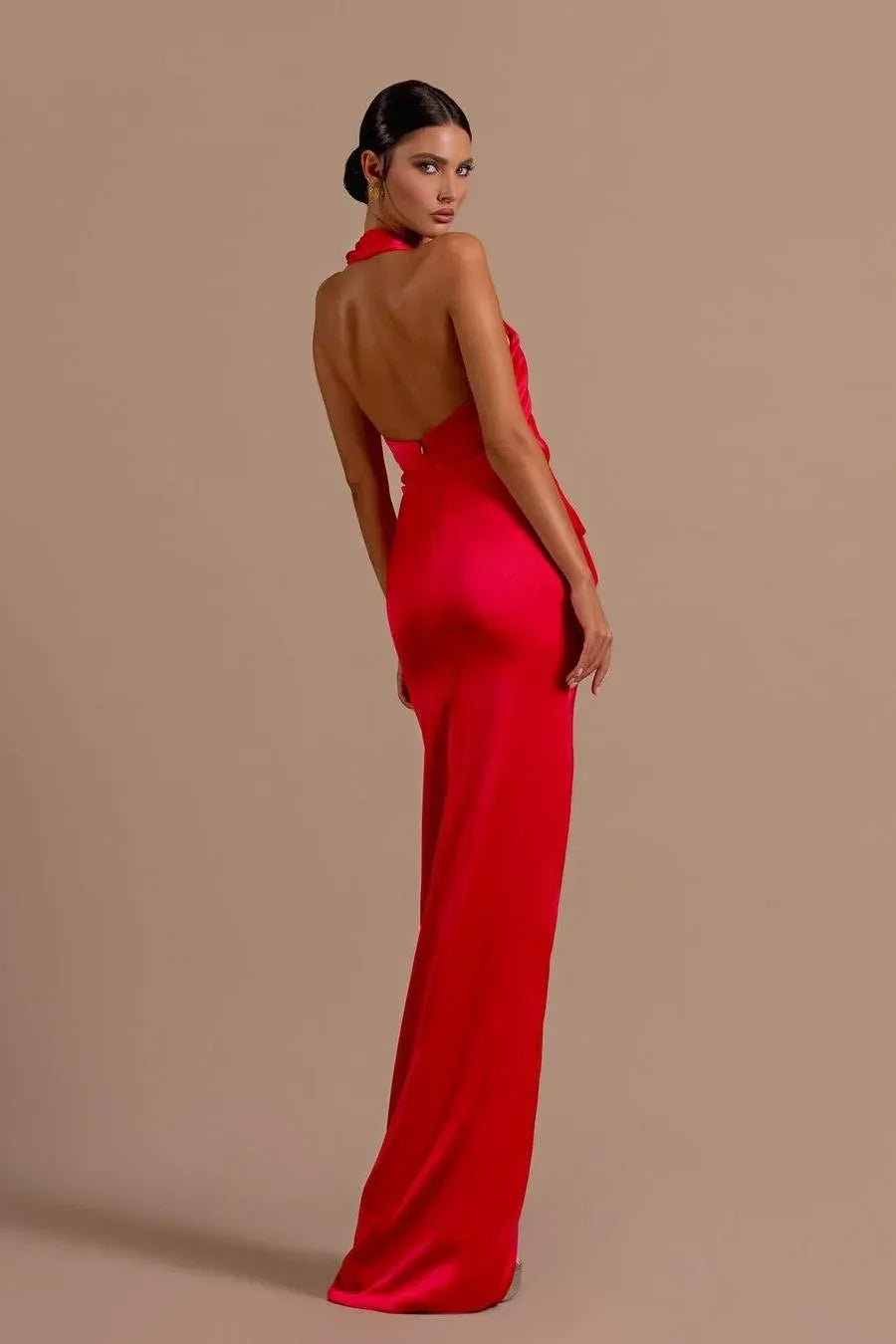 Elegant Mermaid Halter Neck Backless Ruched Satin Maxi Dress With Slit & Train