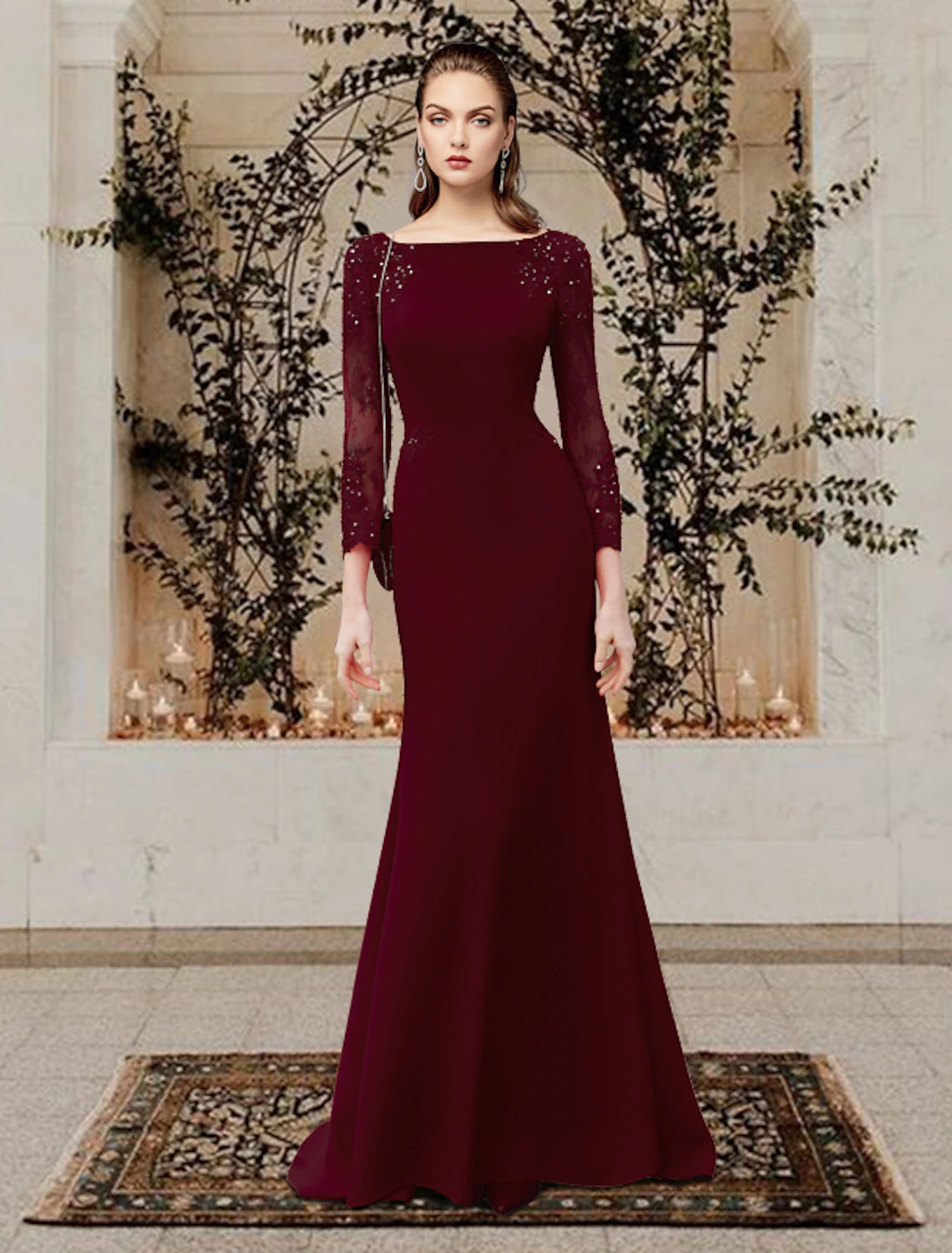Elegant mermaid mother of the bride dress with jewel neck, long sleeves, and lace appliques.