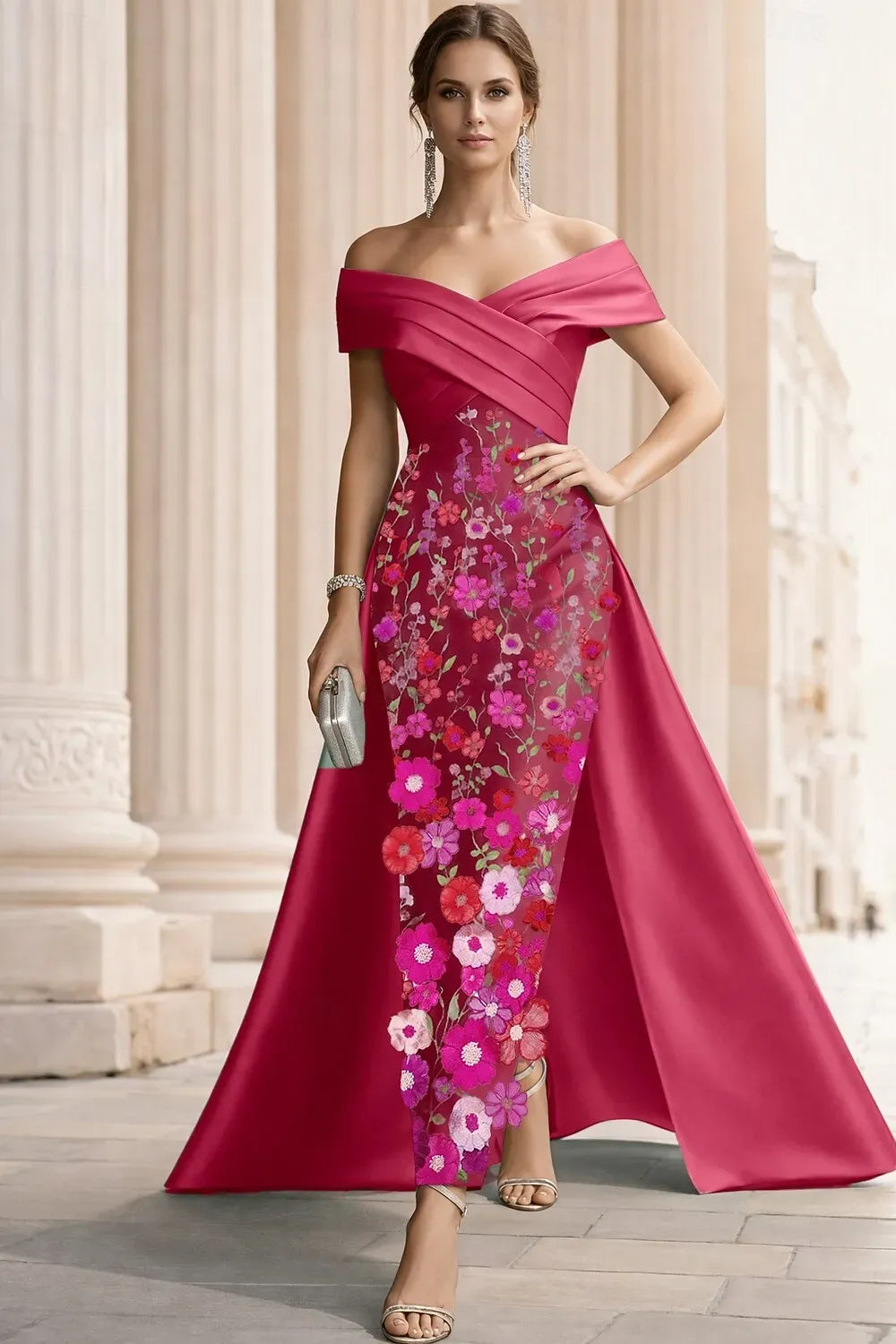 Elegant Mermaid Off Shoulder 3D Floral Maxi Dress