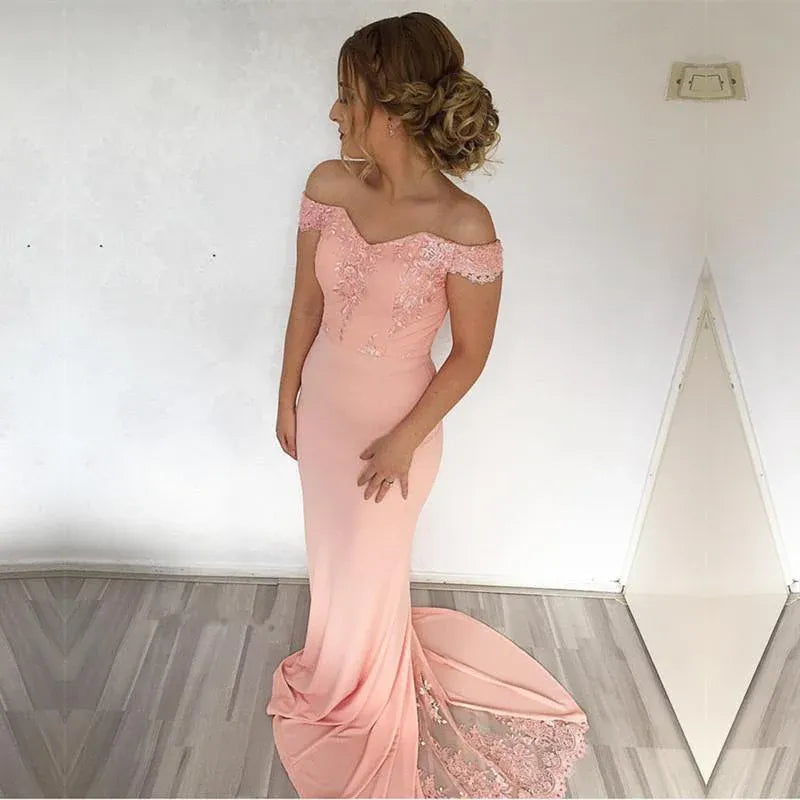 Elegant Mermaid Off Shoulder Short Sleeve Lace Maxi Prom Dress