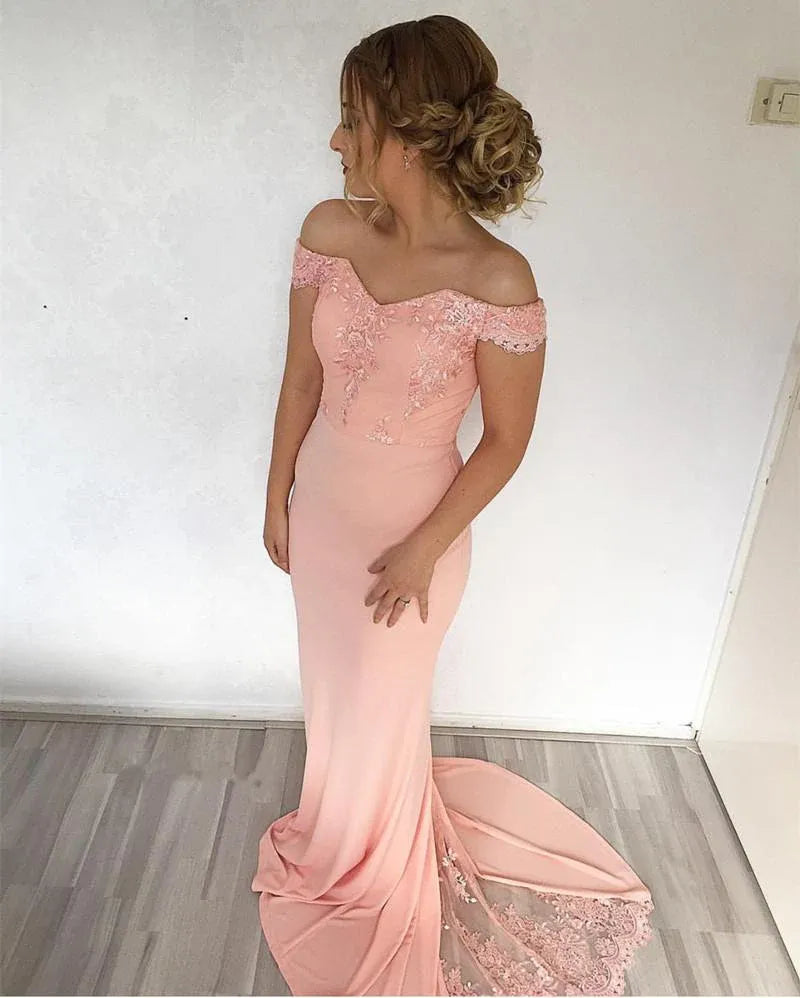 Elegant Mermaid Off Shoulder Short Sleeve Lace Maxi Prom Dress