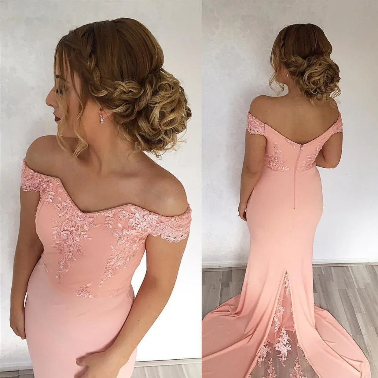 Elegant Mermaid Off Shoulder Short Sleeve Lace Maxi Prom Dress