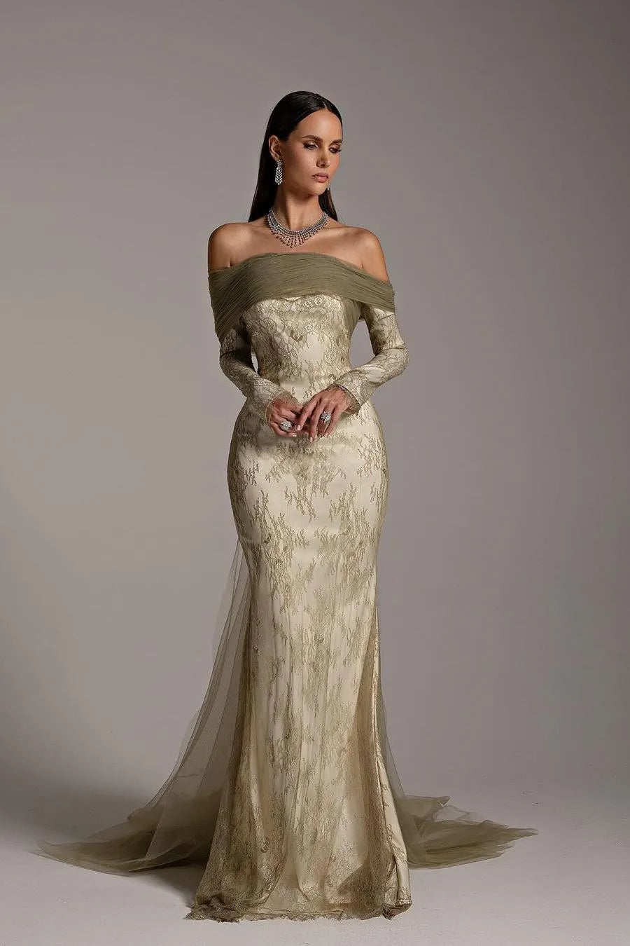 Elegant Mermaid Off-The-Shoulder Long-Sleeve Backless Lace Maxi Evening Dress