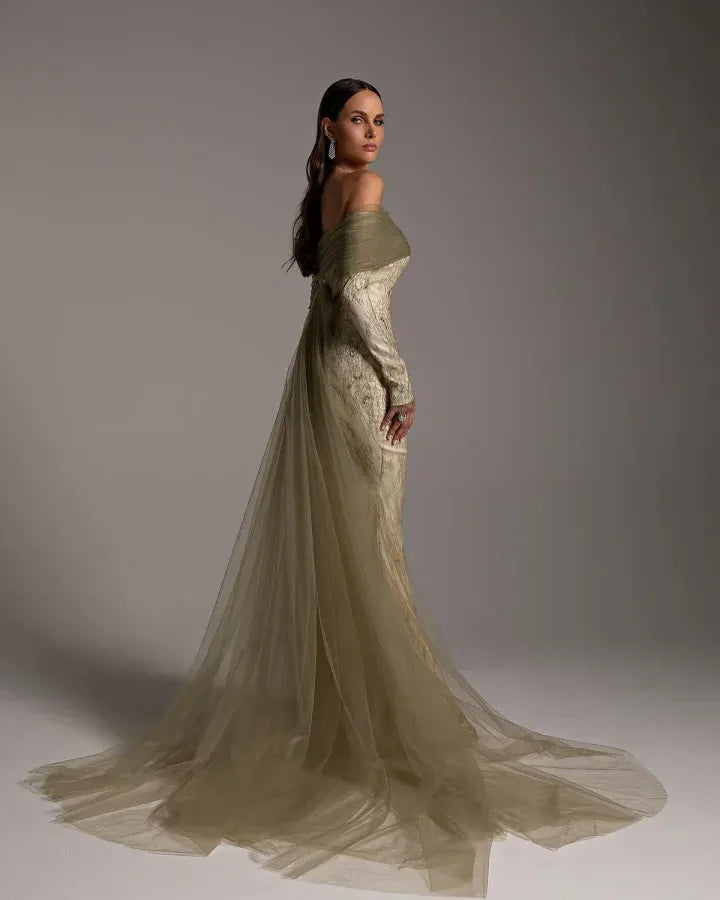 Elegant Mermaid Off-The-Shoulder Long-Sleeve Backless Lace Maxi Evening Dress