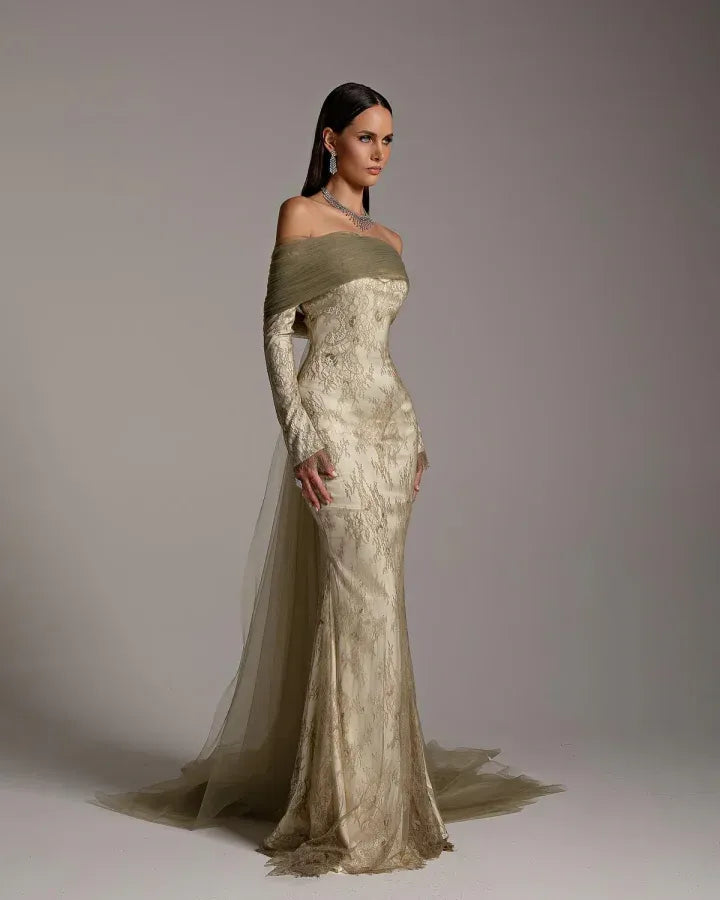 Elegant Mermaid Off-The-Shoulder Long-Sleeve Backless Lace Maxi Evening Dress