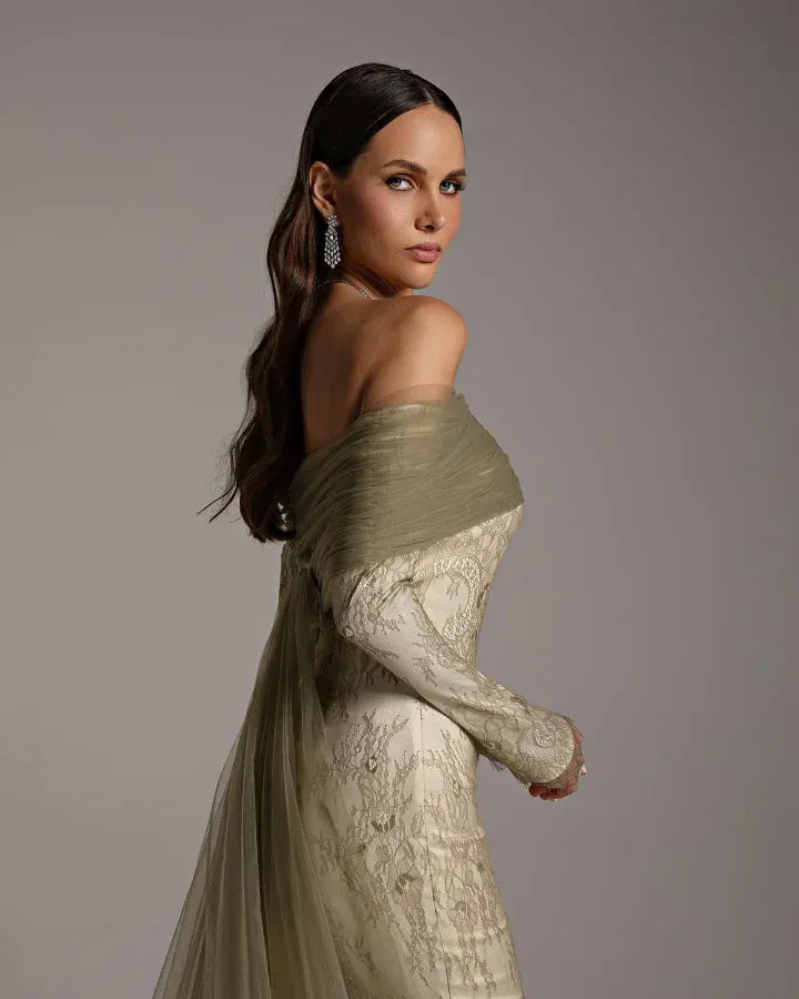 Elegant Mermaid Off-The-Shoulder Long-Sleeve Backless Lace Maxi Evening Dress