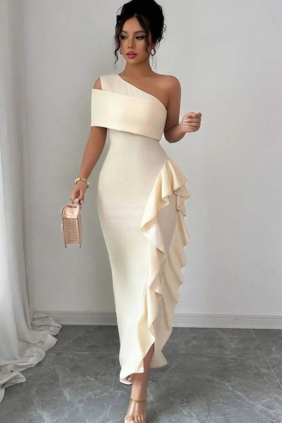 Elegant Mermaid One-Shoulder Asymmetrical Ruffle Satin Maxi Dress With Slit