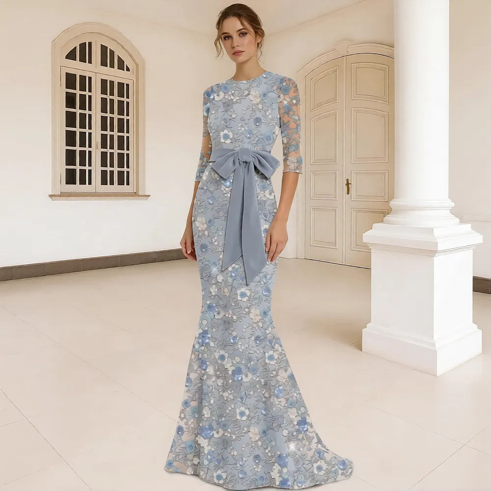 Elegant Mermaid Round Neck 3/4 Sleeve Sequin Maxi Floral Dress