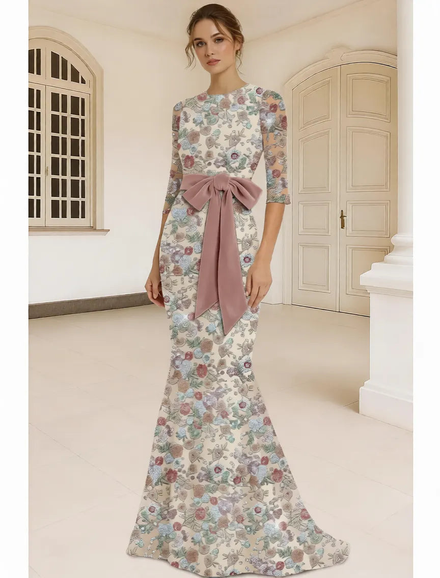 Elegant Mermaid Round Neck 3/4 Sleeve Sequin Maxi Floral Dress