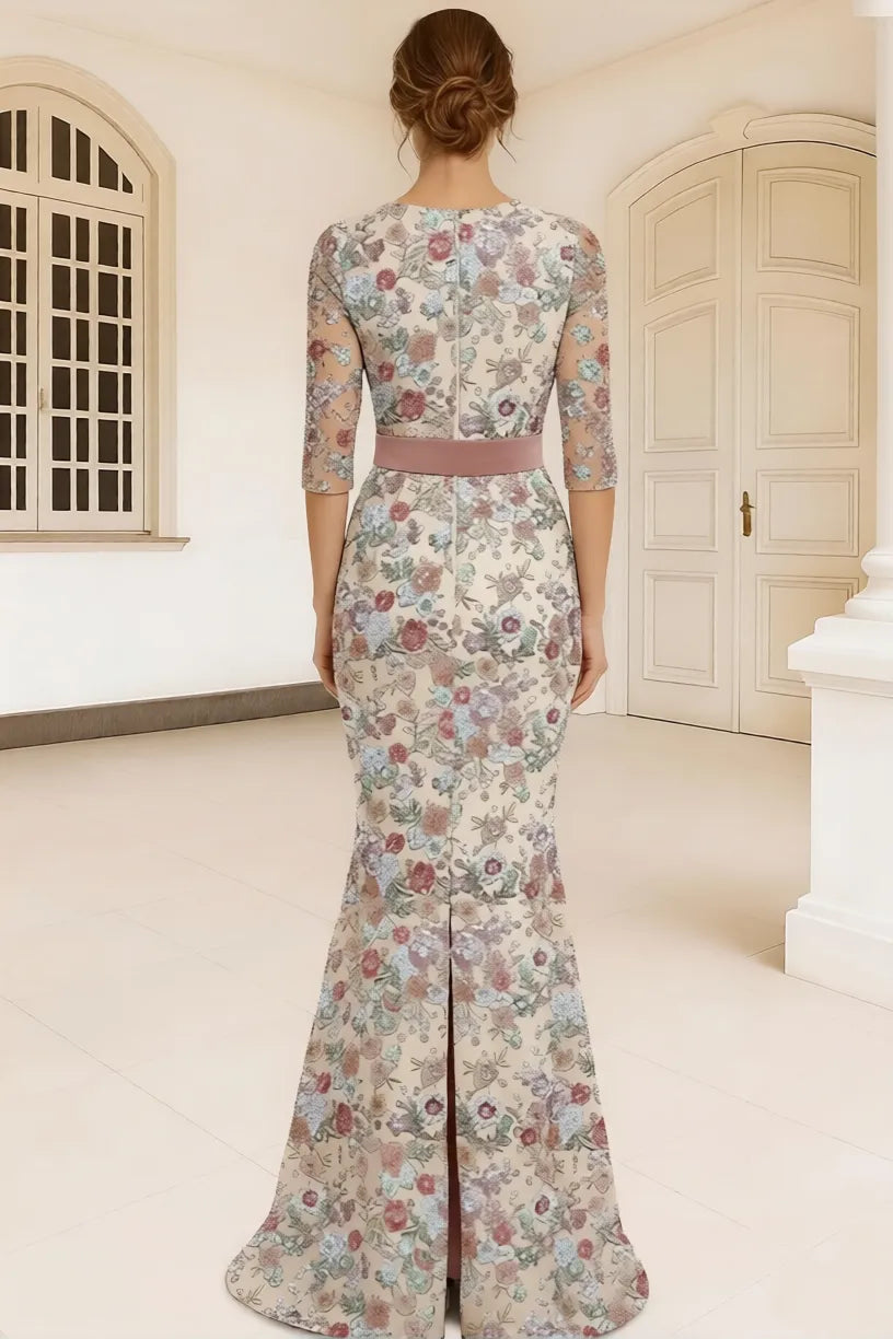 Elegant Mermaid Round Neck 3/4 Sleeve Sequin Maxi Floral Dress