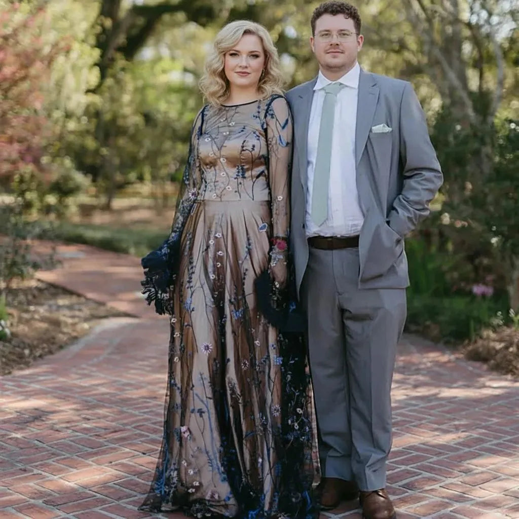 Elegant Mermaid Round Neck Long Sleeve Tulle Maxi Floral Dress