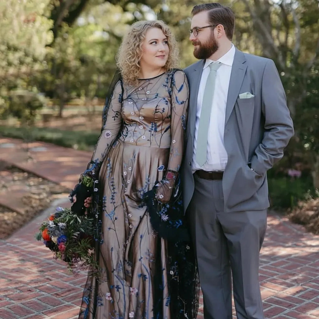 Elegant Mermaid Round Neck Long Sleeve Tulle Maxi Floral Dress