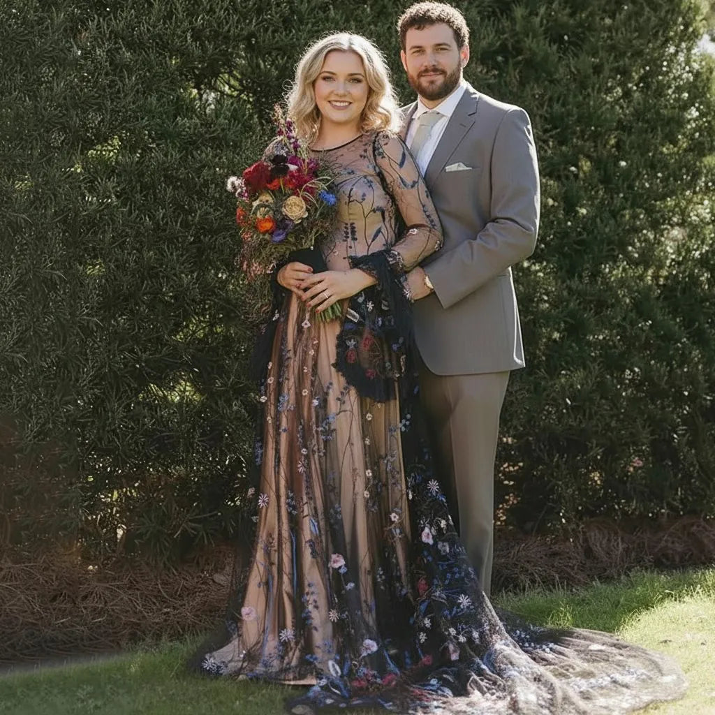 Elegant Mermaid Round Neck Long Sleeve Tulle Maxi Floral Dress