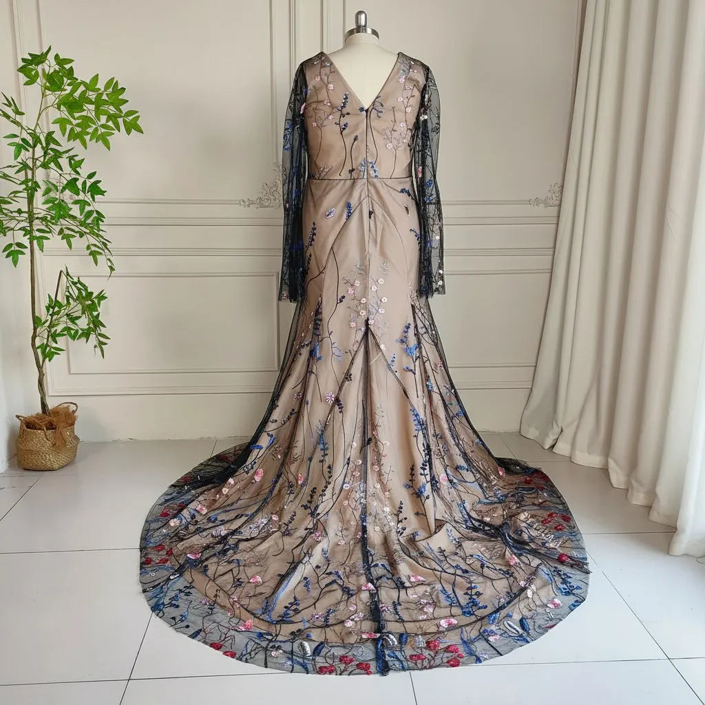 Elegant Mermaid Round Neck Long Sleeve Tulle Maxi Floral Dress