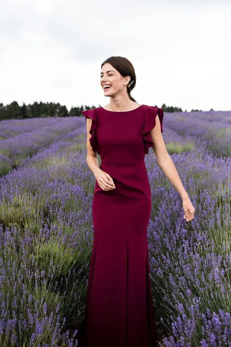 Elegant Mermaid Round Neck Ruffle Sleeve Satin Maxi Bridesmaid Dress