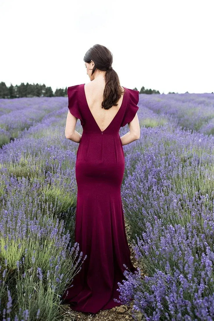 Elegant Mermaid Round Neck Ruffle Sleeve Satin Maxi Bridesmaid Dress