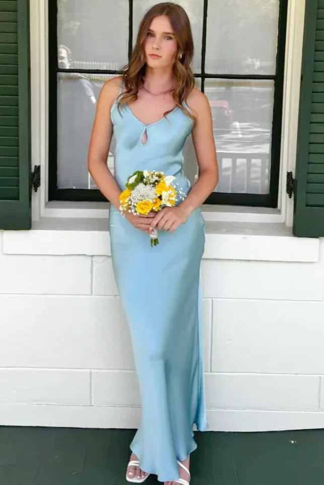 Elegant Mermaid Spaghetti Strap Keyhole Neckline Backless Tie Satin Maxi Dress