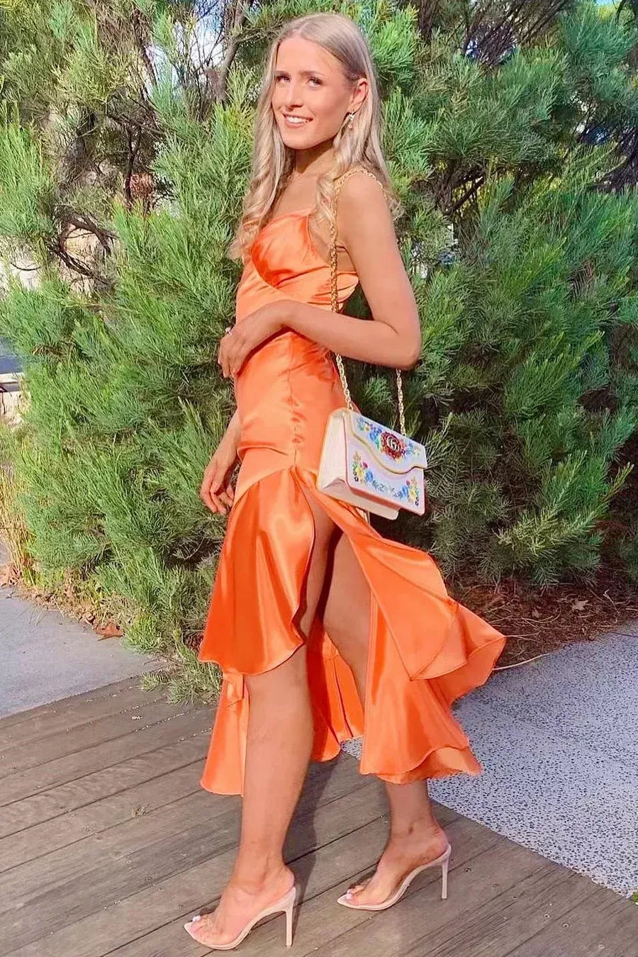Elegant Mermaid Spaghetti Strap Ruffle Hem Satin Maxi Dress