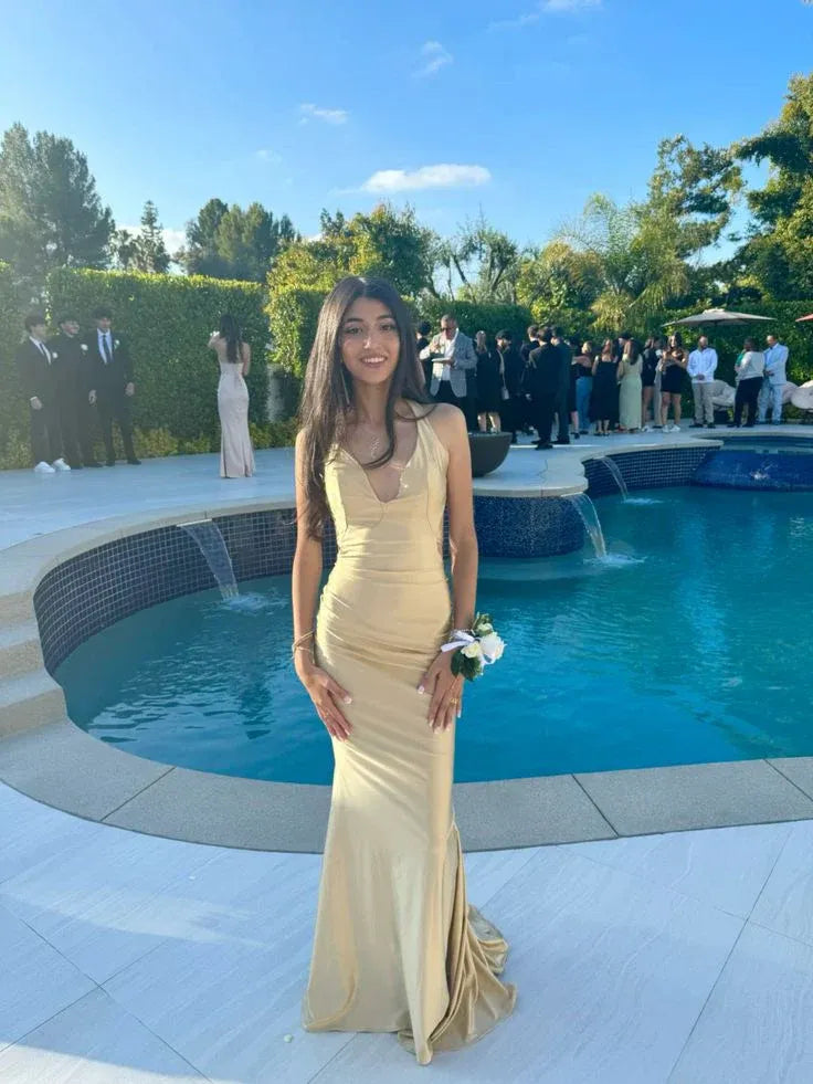 Elegant Mermaid Spaghetti Strap V-Neck Ruched Open-Back Floor-Length Evening Gown