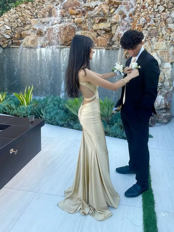 Elegant Mermaid Spaghetti Strap V-Neck Ruched Open-Back Floor-Length Evening Gown