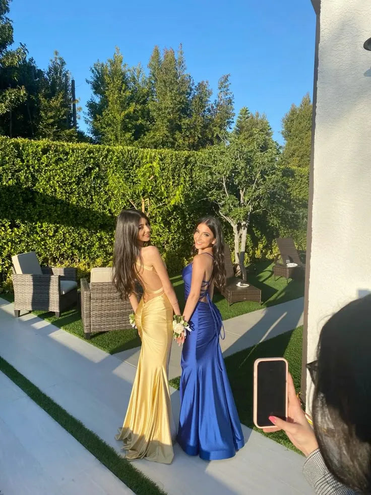 Elegant Mermaid Spaghetti Strap V-Neck Ruched Open-Back Floor-Length Evening Gown