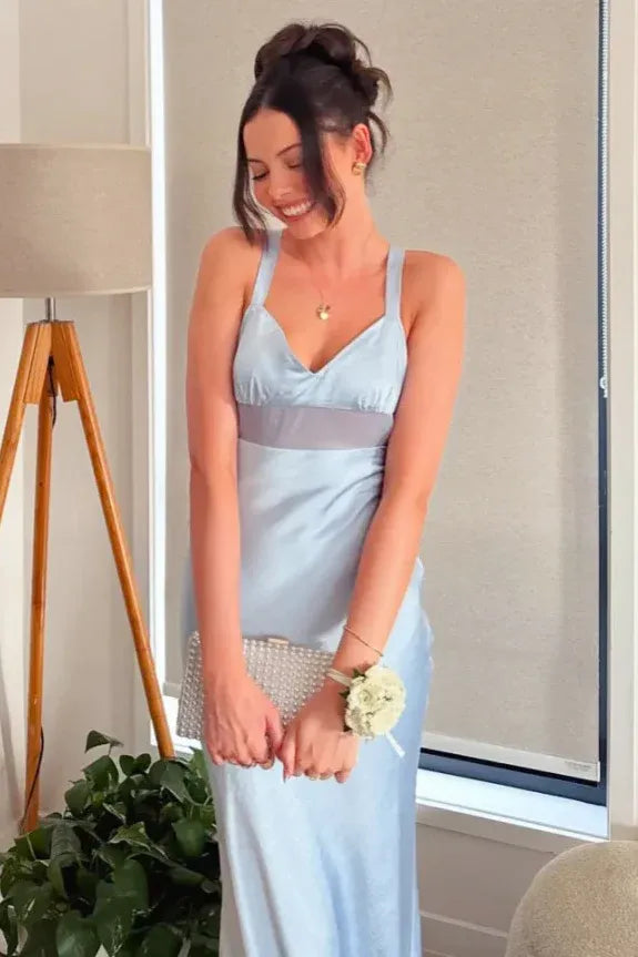 Elegant Mermaid Spaghetti Strap V-Neck Sheer Waist Backless Tie Satin Maxi Dress