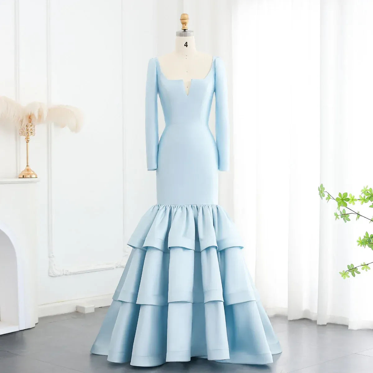 Elegant Mermaid Square Neck Long Sleeve Tiered Ruffle Satin Evening Dress