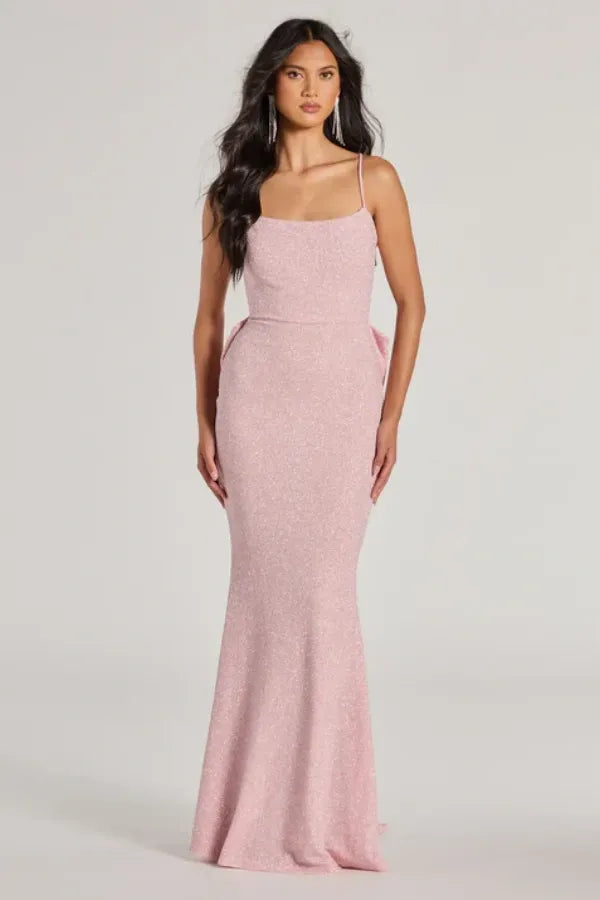 Elegant Mermaid Square Neck Spaghetti Strap Backless Bow Detail Glitter Maxi Dress With Train