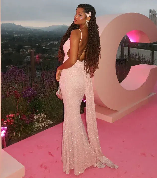 Elegant Mermaid Square Neck Spaghetti Strap Backless Bow Detail Glitter Maxi Dress With Train